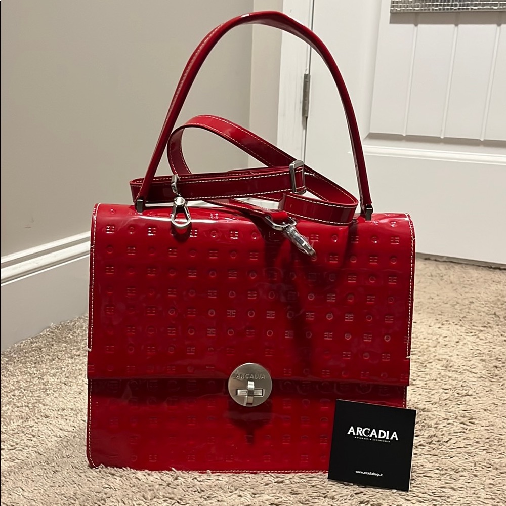 Arcadia Red Satchel with Structured Shape and Textured Material